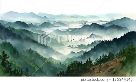 描繪的是清晨的自然景觀，山巒重疊，氣氛夢幻。 125544143