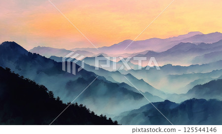 色調柔和的自然風景插畫，透過日出和山影營造出夢幻般的氛圍。 125544146
