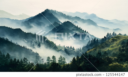 用水彩繪製的深山和晨霧的夢幻寧靜的風景插畫。 125544147