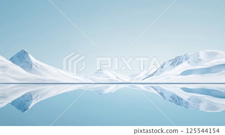 Snowy mountain ranges reflecting flawlessly in a tranquil lake, surrounded by a clear blue sky, create a serene and pristine winter landscape, evoking a sense of untouched beauty 125544154