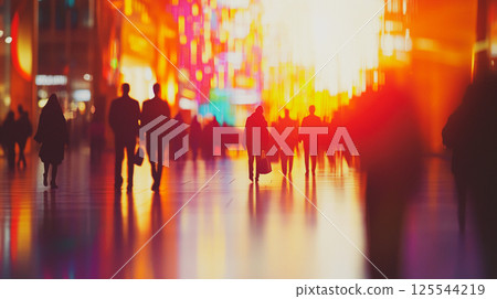 Colourful background with silhouettes of different people in motion in a long corridor of an airport, train station or shopping mall. Business people. This is AI-generated item 125544219
