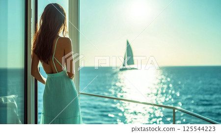 A beautiful thoughtful elegant woman standing near an open window overlooking a calm blue sea in summer. Summertime vacation. Banner for travel agency This is AI-generated item 125544223
