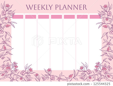 Weekly planner with beautiful cherry blossom. Garden Japanese Sakura, spring flowers background for notes. Cute school planner is for 7 days. Kids schedule design template. Vector doodle illustration Weekly planner with beautiful cherry blossom. Garden Japanese Sakura, spring flowers background for notes. Cute school planner is for 7 days. Kids schedule design template. Vector doodle illustration 125544325