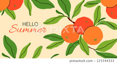 Hello Summer banner with fresh oranges and green leaves on light yellow background. Summer season background. Bright flat vector illustration for seasonal sale, promotion, poster, invitation. 125544333