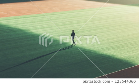 Survivor athlete walking across an abandoned stadium field, navigating the remnants of a post apocalyptic world while searching for hope and a new beginning amid desolation 125544360