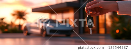 Hand holding car keys with new sports car in the background at sunset, symbolizing car purchase, luxury lifestyle, and the automotive industry Hand holding car keys with new sports car in the background at sunset, symbolizing car purchase, luxury lifestyle, and the automotive industry 125544387