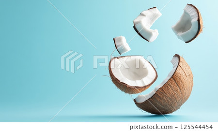 Broken coconut pieces with visible pulp are levitating on a light blue background, creating a dynamic and refreshing visual, ideal for advertising summer products or tropical concepts 125544454