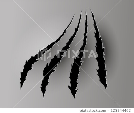 Bear or tiger claw mark. Scratches and torn traces of vector animal paw slashes. Hole in sheet of paper with torn edges. Vector illustration Bear or tiger claw mark. Scratches and torn traces of vector animal paw slashes. Hole in sheet of paper with torn edges. Vector illustration 125544462