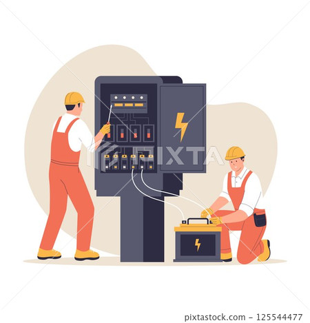 Electricians Repairing Electrical Panel and Battery Electricians Repairing Electrical Panel and Battery 125544477