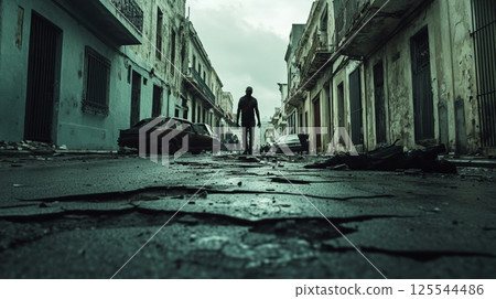 Lone survivor walking down the middle of a damaged road after a war or natural disaster with destroyed buildings and abandoned cars on each side 125544486