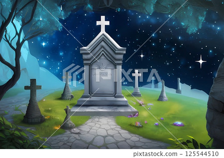Game background: Halloween image of a graveyard with stone monuments in the night sky 125544510