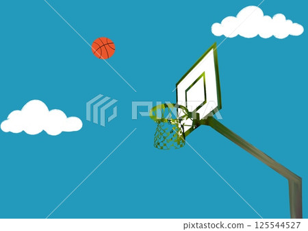 Basketball basket against blue sky with clouds. Equipment for sport. Playing with a ball in the fresh air in summer day. Basketball flies in the air. Basketball basket against blue sky with clouds. Equipment for sport. Playing with a ball in the fresh air in summer day. Basketball flies in the air. 125544527
