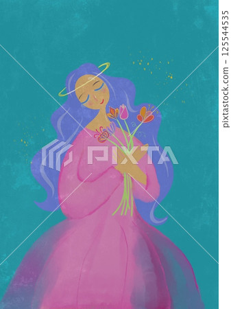 Dreamy smiling young girl in pink dress holds bouquet of flowers. Vertical poster. Spring, Women's Day March 8, Mother's Day postcard. Girlish mood. 125544535