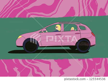 Young woman mom driver driving car with little girl daughter in back seat side view. Glamour candy pink female car. Road trip. Barbie style automobile 125544536