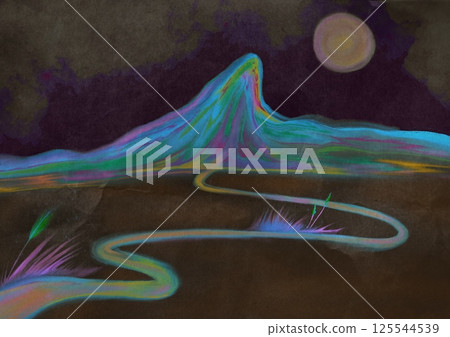 Abstract mountain landscape at night with full moon in the dark sky. Winding path goes far away beyond the horizon. Grasses and blooming wild flowers.Untitled Artwork Abstract mountain landscape at night with full moon in the dark sky. Winding path goes far away beyond the horizon. Grasses and blooming wild flowers.Untitled Artwork 125544539