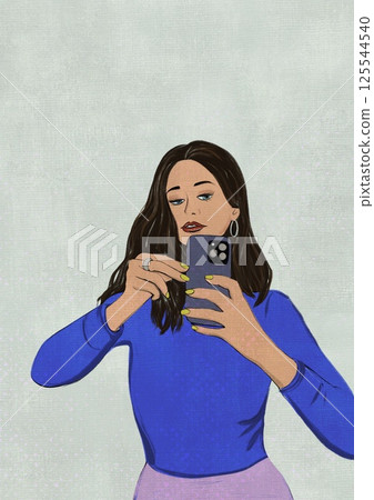 A young brunette woman takes selfies posing on her smartphone camera. Stylish girl in purple sweater holding a phone in her hands Female blogger photo 125544540
