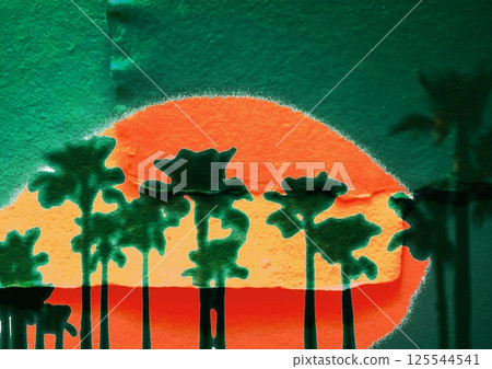Untitled ArtworkArtwork with exotic landscape with palm trees against blue green sky and bright orange sunset sun setting down the horizon. Tropical vibes poster. Untitled ArtworkArtwork with exotic landscape with palm trees against blue green sky and bright orange sunset sun setting down the horizon. Tropical vibes poster. 125544541
