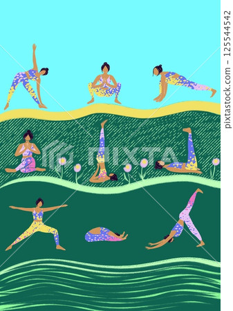 A young girl does yoga in nature doing different asanas. The concept of unity of human and nature. Healthy lifestyle and sport. Body balance practice. A young girl does yoga in nature doing different asanas. The concept of unity of human and nature. Healthy lifestyle and sport. Body balance practice. 125544542