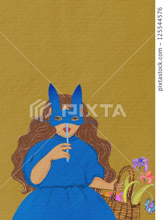 Vertical greeting card with space for text. Little girl with a basket full of flowers and Easter eggs on a green background. Spring holiday carnival. Vertical greeting card with space for text. Little girl with a basket full of flowers and Easter eggs on a green background. Spring holiday carnival. 125544576