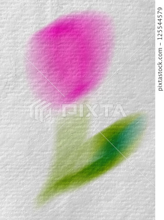 Watercolour drawing of a pink tulip on paper. Primitive children's drawing of a spring flower in full bloom. Bulb plant. Vertical floral backdrop. 125544579