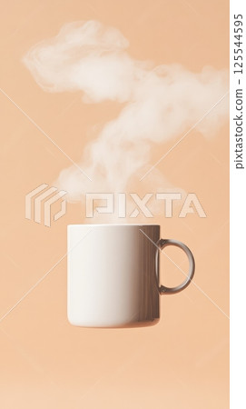 Clean, white mug floats in mid air against a soft pastel orange backdrop, emitting a swirling plume of steam, creating a serene and minimalist aesthetic 125544595