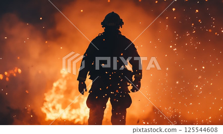 Silhouette of courageous firefighter standing amidst flying sparks and intense flames during a challenging night wildfire operation, showcasing bravery and dedication in the face of danger 125544608