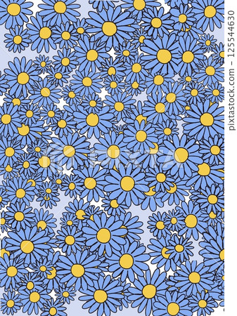 Untitled ArtworkVertical seamless floral pattern, background with lots of daisies. Field and wild blue and yellow flowers. Hand drawn wild flowers in full bloom. 125544630