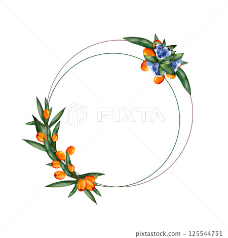 Sea buckthorn. Berries with leaves. Hand drawn watercolor illustration. Round frame with place for text. Botanical. Isolated on white background. Template for design, print, textile. Sea buckthorn. Berries with leaves. Hand drawn watercolor illustration. Round frame with place for text. Botanical. Isolated on white background. Template for design, print, textile. 125544751