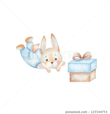 A cute watercolor bunny lies and looks at the box with a gift with pleasure. Illustration for birthday, baby shower, holiday. Isolated on a white background, hand drawn 125544753