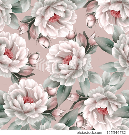 Delicate hand-drawn white peony flowers with green leaves on a soft pastel background, perfect for design projects 125544782