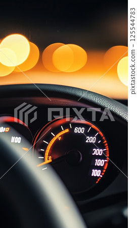 Speedometer indicating zero speed with illuminated city lights blurring in background, evoking concepts of traffic, car sales, dealerships, insurance, fuel, and car production Speedometer indicating zero speed with illuminated city lights blurring in background, evoking concepts of traffic, car sales, dealerships, insurance, fuel, and car production 125544783