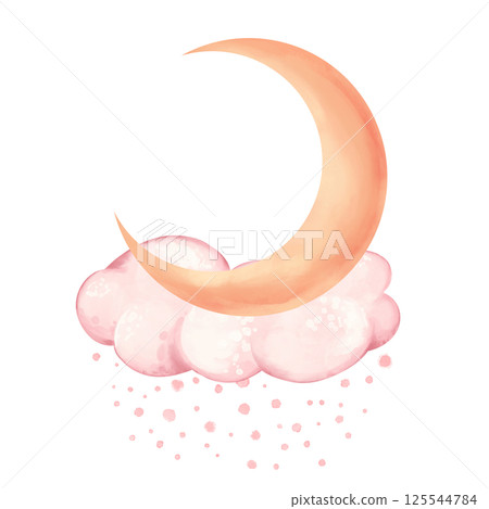 A gentle illustration of a soft peach-colored crescent moon resting on fluffy pink clouds, evoking a peaceful, dreamy atmosphere. 125544784