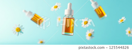 Essential oil dropper bottles are floating in the air with chamomile flowers, creating a visually appealing scene against a light blue background, promoting natural skincare and aromatherapy Essential oil dropper bottles are floating in the air with chamomile flowers, creating a visually appealing scene against a light blue background, promoting natural skincare and aromatherapy 125544826