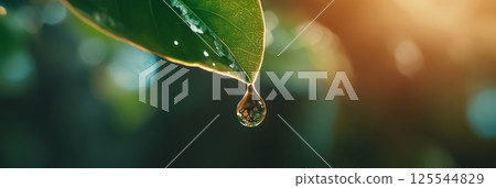Close up view of a glistening water droplet hanging from the tip of a vibrant green leaf, catching the golden sunlight against a softly blurred natural background 125544829