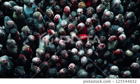 Massive horde of bloody, decaying zombies looks up, creating a chilling scene of post apocalyptic horror and representing the devastating impact of a viral outbreak 125544832