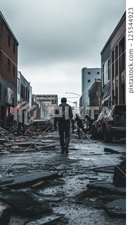Lone survivor walks down a debris strewn street in a destroyed city as zombies approach him from the background, creating a dramatic scene of post apocalyptic survival 125544923