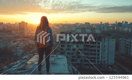 Female tourist with a backpack standing on the rooftop of a destroyed building, gazing at the ruined cityscape bathed in the warm hues of sunset, reflecting on the aftermath of war 125544961