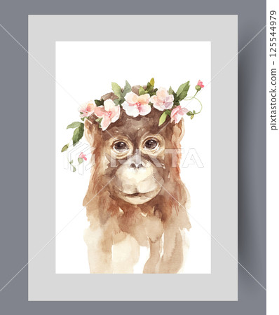 Orangutan monkey with cute facial features and flowers decorating head on poster. Watercolor artwork 125544979