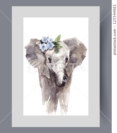 Small baby from tropical savannah, with spring flowers on head on poster. Watercolor artwork Small baby from tropical savannah, with spring flowers on head on poster. Watercolor artwork 125544981