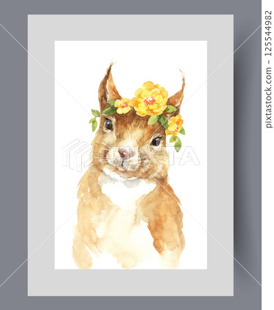 Red squirrel with flowers on head looks at screen on wall art. Watercolor artwork Red squirrel with flowers on head looks at screen on wall art. Watercolor artwork 125544982