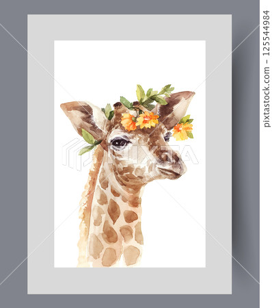 Giraffe from african savannah, with wreath of flowers on its head on poster. Watercolor artwork Giraffe from african savannah, with wreath of flowers on its head on poster. Watercolor artwork 125544984