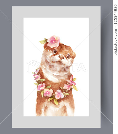 Fluffy mink with flowers on head and neck tilts its head to sides on poster. Watercolor artwork 125544986