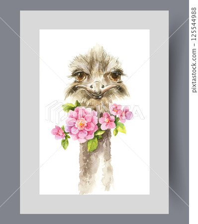 Ostrich with long neck and large beak with spring flowers and petals on wall art. Watercolor artwork Ostrich with long neck and large beak with spring flowers and petals on wall art. Watercolor artwork 125544988