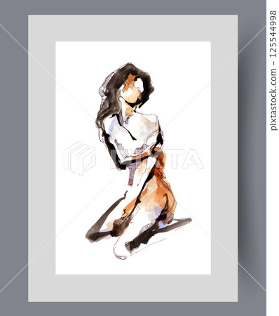 Naked seductive woman is on knees covering breasts with hand on print. Watercolor artwork Naked seductive woman is on knees covering breasts with hand on print. Watercolor artwork 125544998