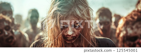 Scary, bloodied female zombie advancing toward the observer, surrounded by a horde of undead in the background during a chilling zombie apocalypse scene filled with danger and fear 125545001