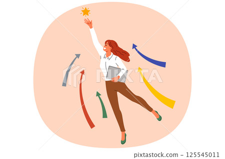 Ambitious woman strives for business progress, grabbing star from sky and reaching new level 125545011