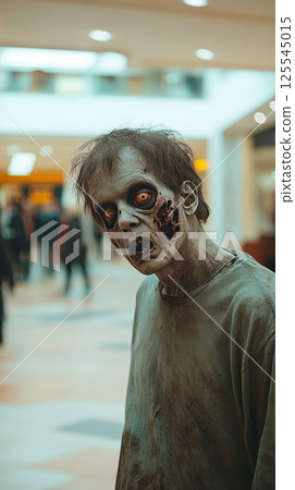 Roaming through a deserted shopping mall, a terrifying undead creature with decaying flesh evokes horror and the struggle for survival in a post apocalyptic world 125545015
