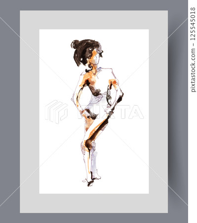 Naked woman is depicted in abstract style, standing without clothes on poster. Watercolor artwork Naked woman is depicted in abstract style, standing without clothes on poster. Watercolor artwork 125545018