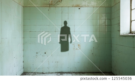 Creepy shadow of a person projected on a wall in an abandoned room with green tiles and a dirty floor, creating a mysterious and eerie atmosphere Creepy shadow of a person projected on a wall in an abandoned room with green tiles and a dirty floor, creating a mysterious and eerie atmosphere 125545036