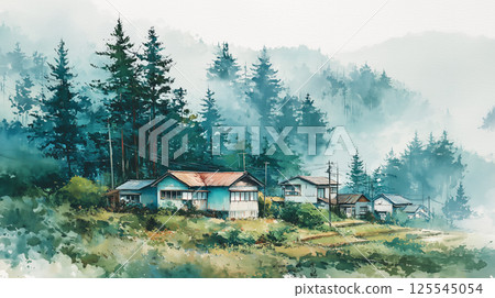 水彩風格的插圖，散佈在霧氣瀰漫的雪松森林中的房屋和電線，營造出夢幻般的氛圍 125545054
